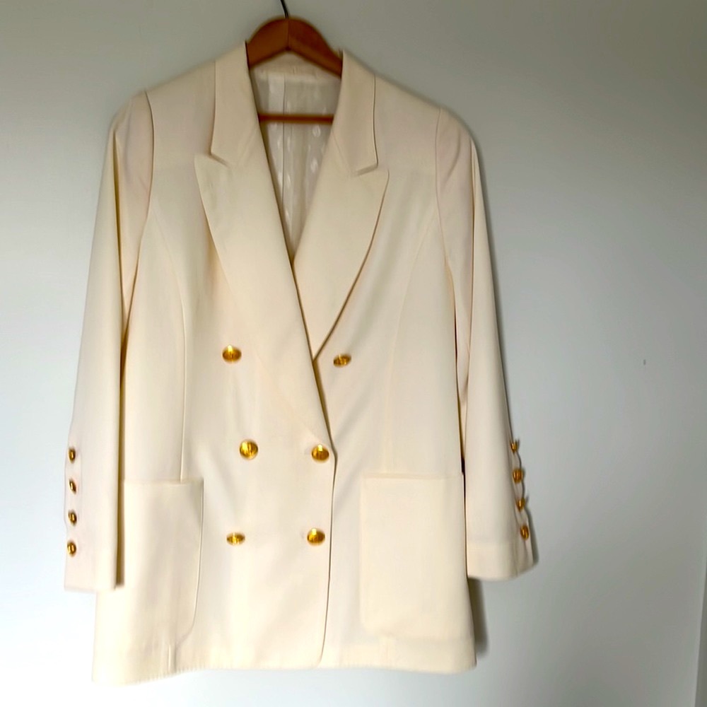 Vintage Jobis Cream Double Breasted Blazer with Brass Buttons, US 10